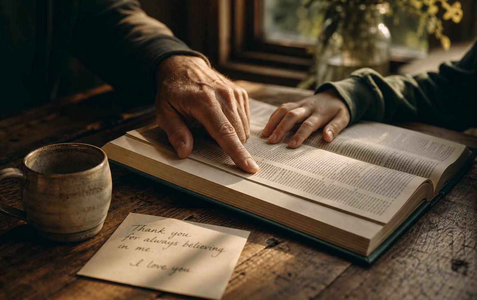 An adult hand and a younger hand rest on an open book in warm window light, with a handwritten thank-you note and a ceramic mug on a wooden desk